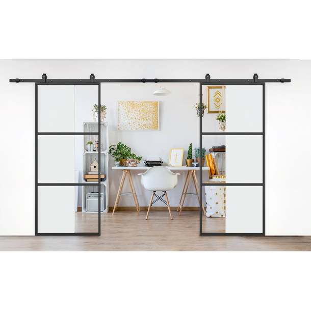 JUBEST Metal and Clear Glass Double Sliding Barn Door with Installation